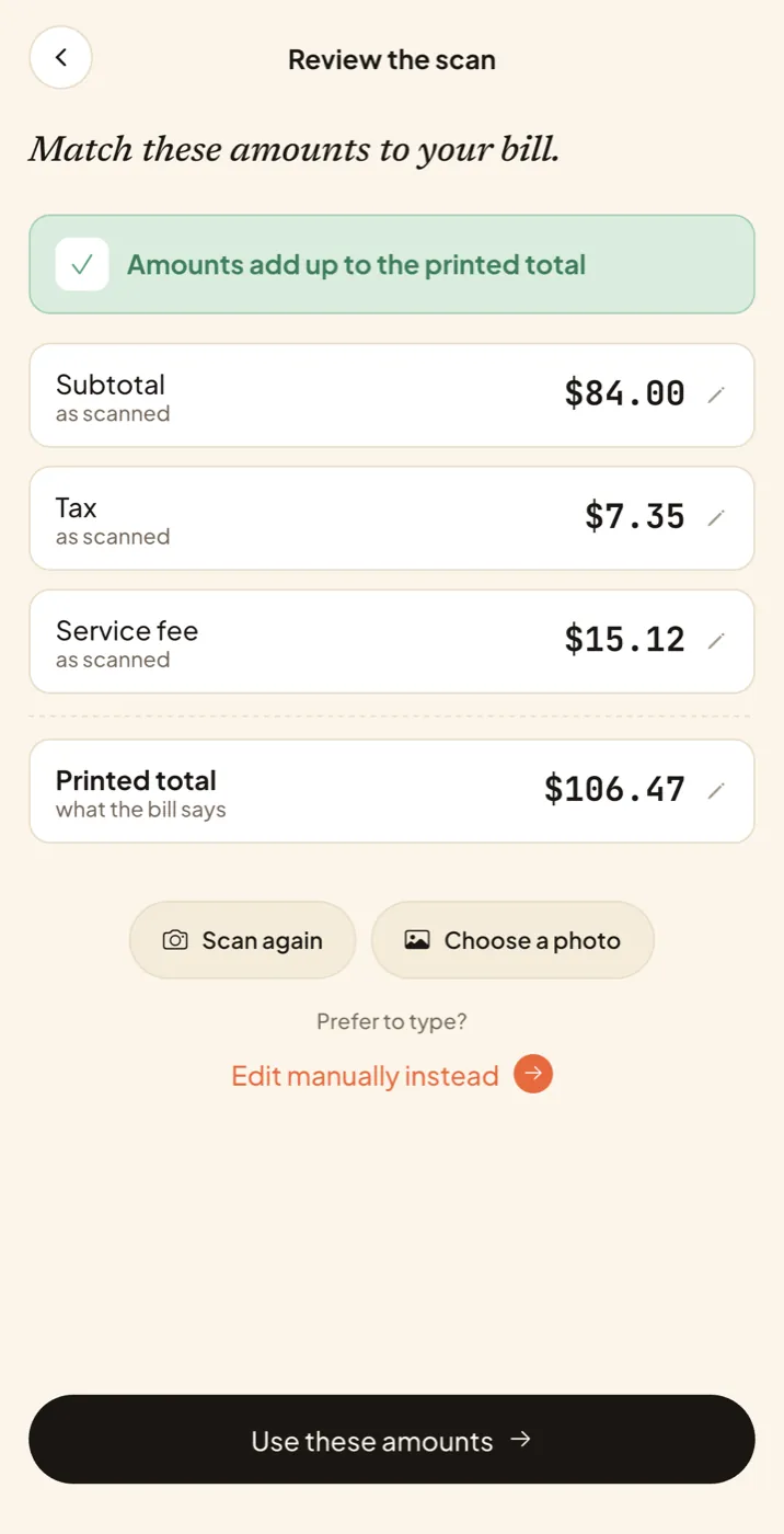 Owesum's review screen, listing the subtotal, tax, service fee, and printed total found on a scanned receipt